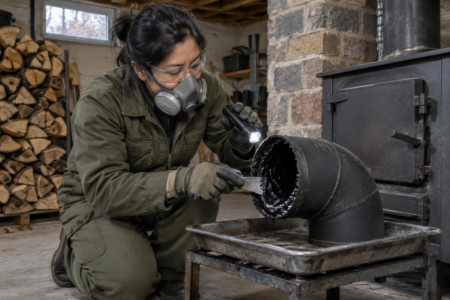 Chimney inspector examines glossy creosote inside a removed furnace flue elbow using a flashlight and scraper.
